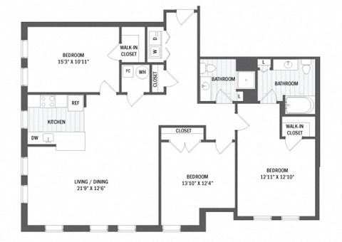 Floor plan for 3 beds, 2 baths, 1318 sqft
